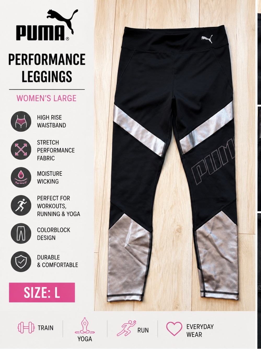 PUMA Women’s Large Black Metallic Colorblock Athletic Leggings High Rise Gym